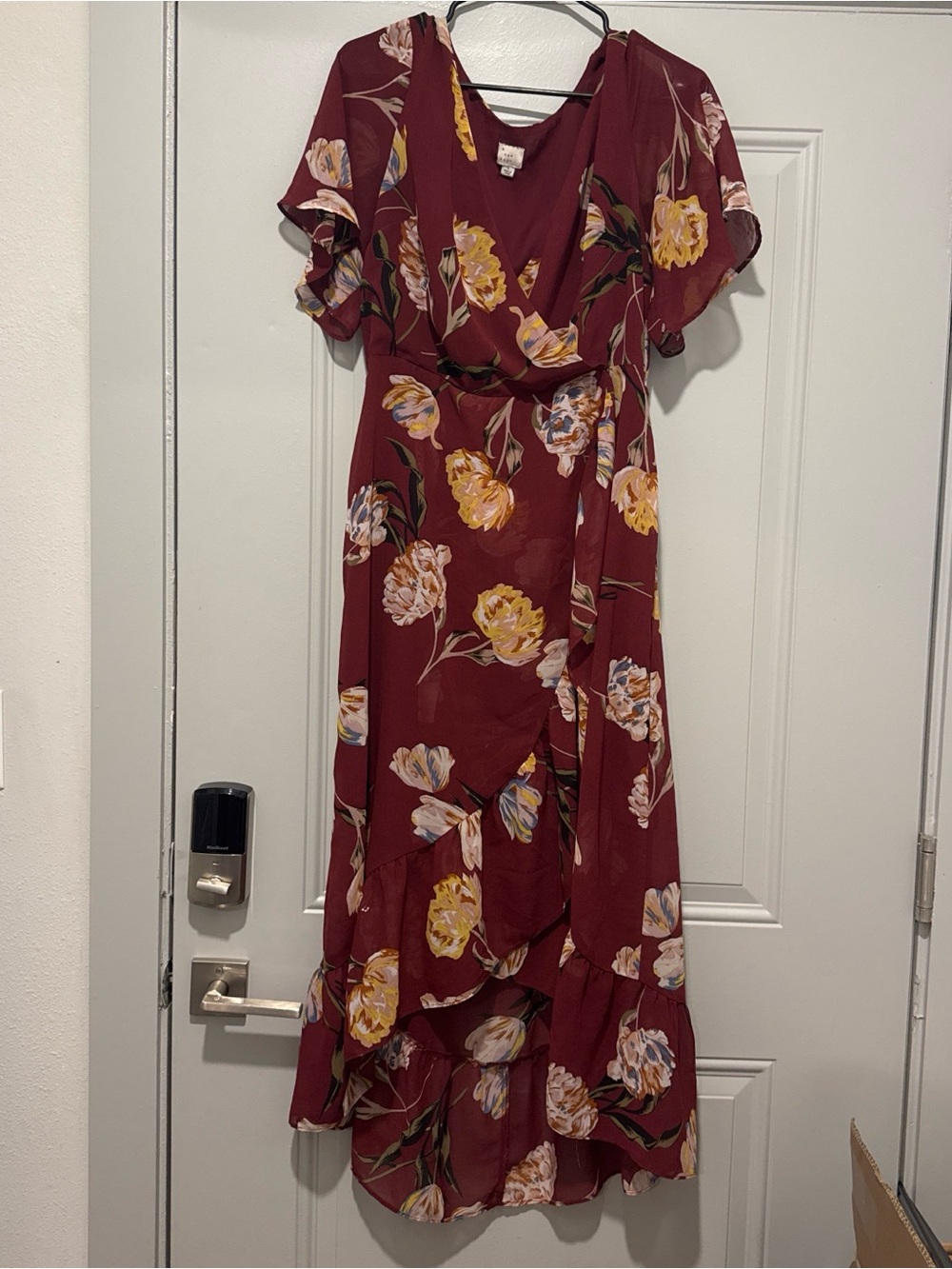 a new day Burgundy Floral Maxi Wrap Dress with Yellow Blooms